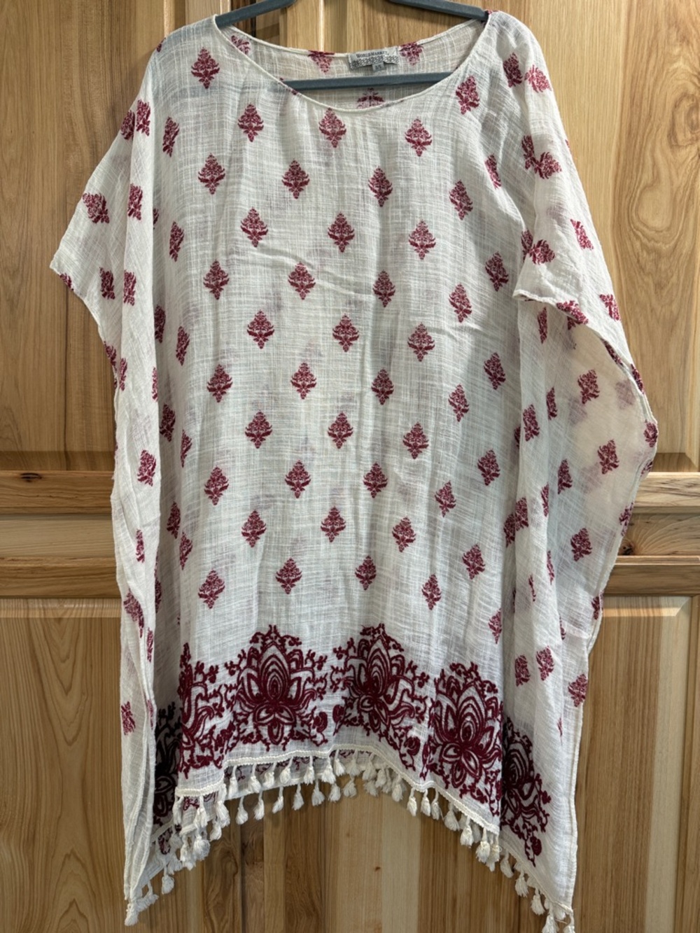 World Market White Gauzy Cotton Swim Cover with Maroon Medallion Floral Print OS